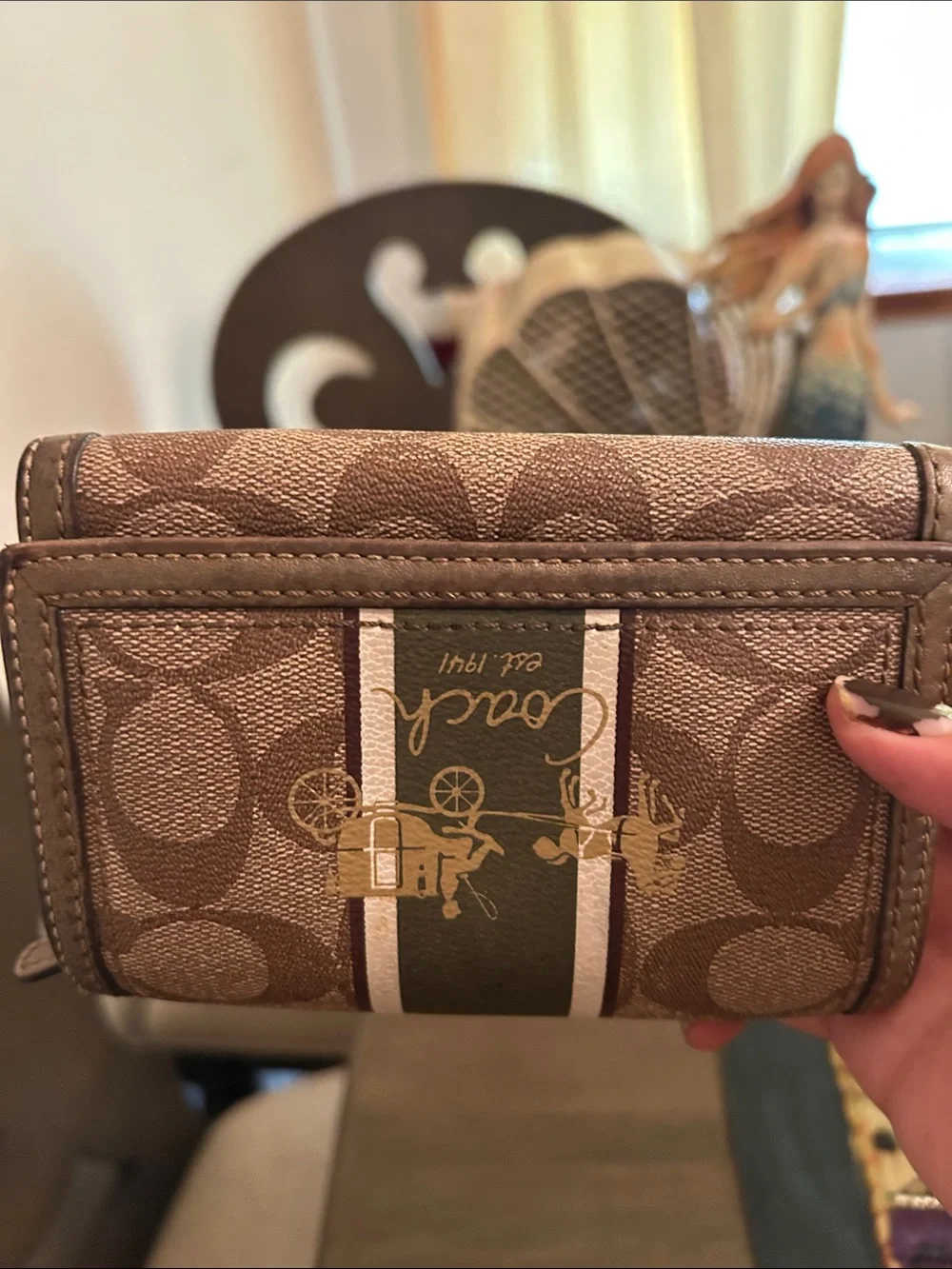 Coach Brown Signature Canvas Wallet with Green & White Stripe